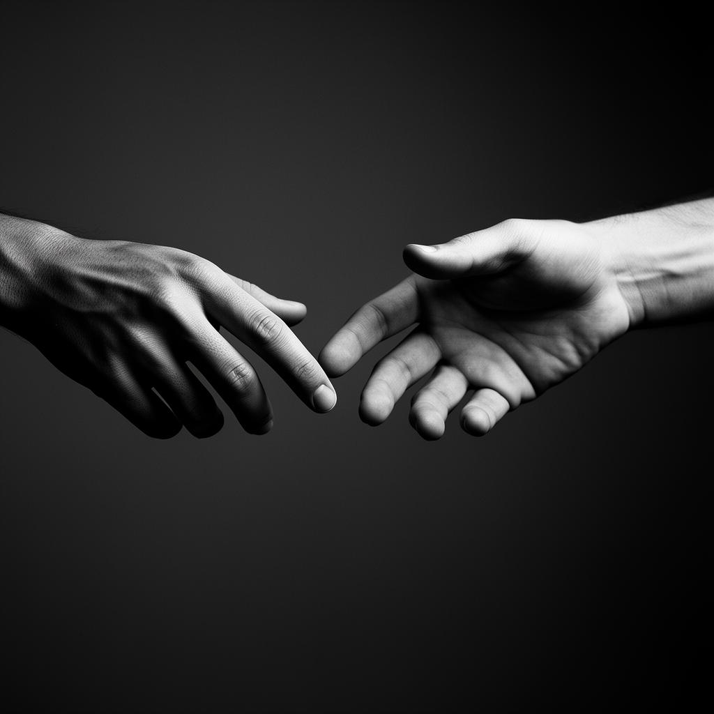 Contacto infinito — manos extendidas en penumbra