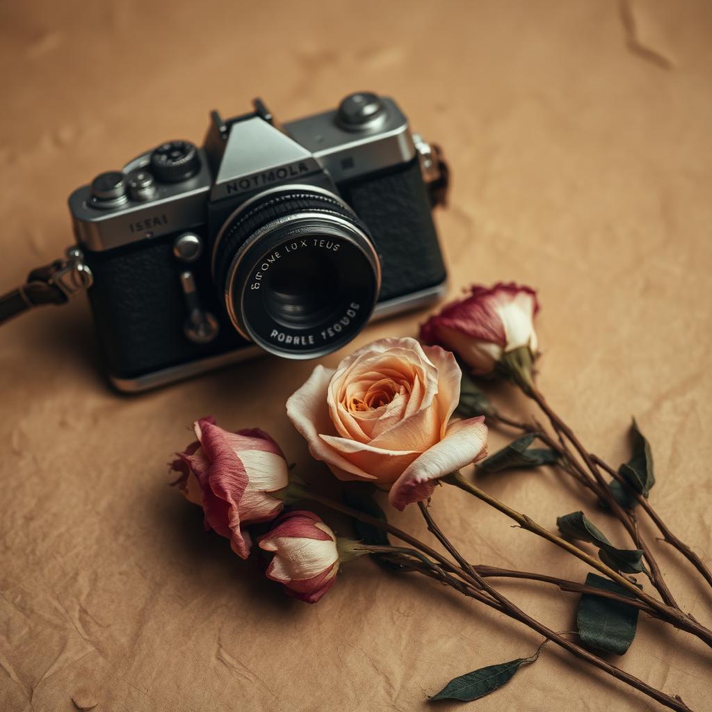 Memoria material — cámara analógica y rosas secas